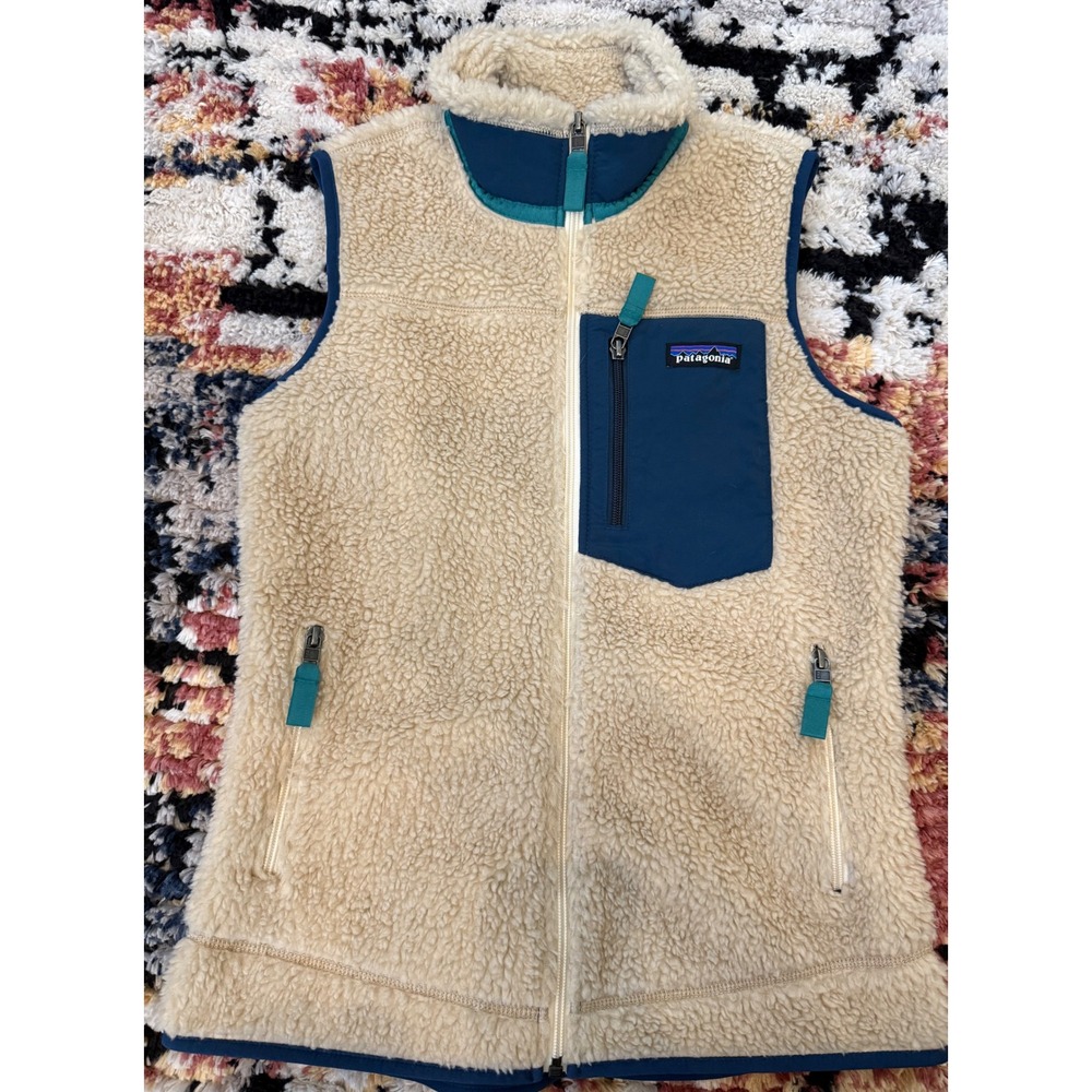Patagonia Retro-X Fleece Vest Womens XS Cream Navy Blue Sherpa Full Zip 23083